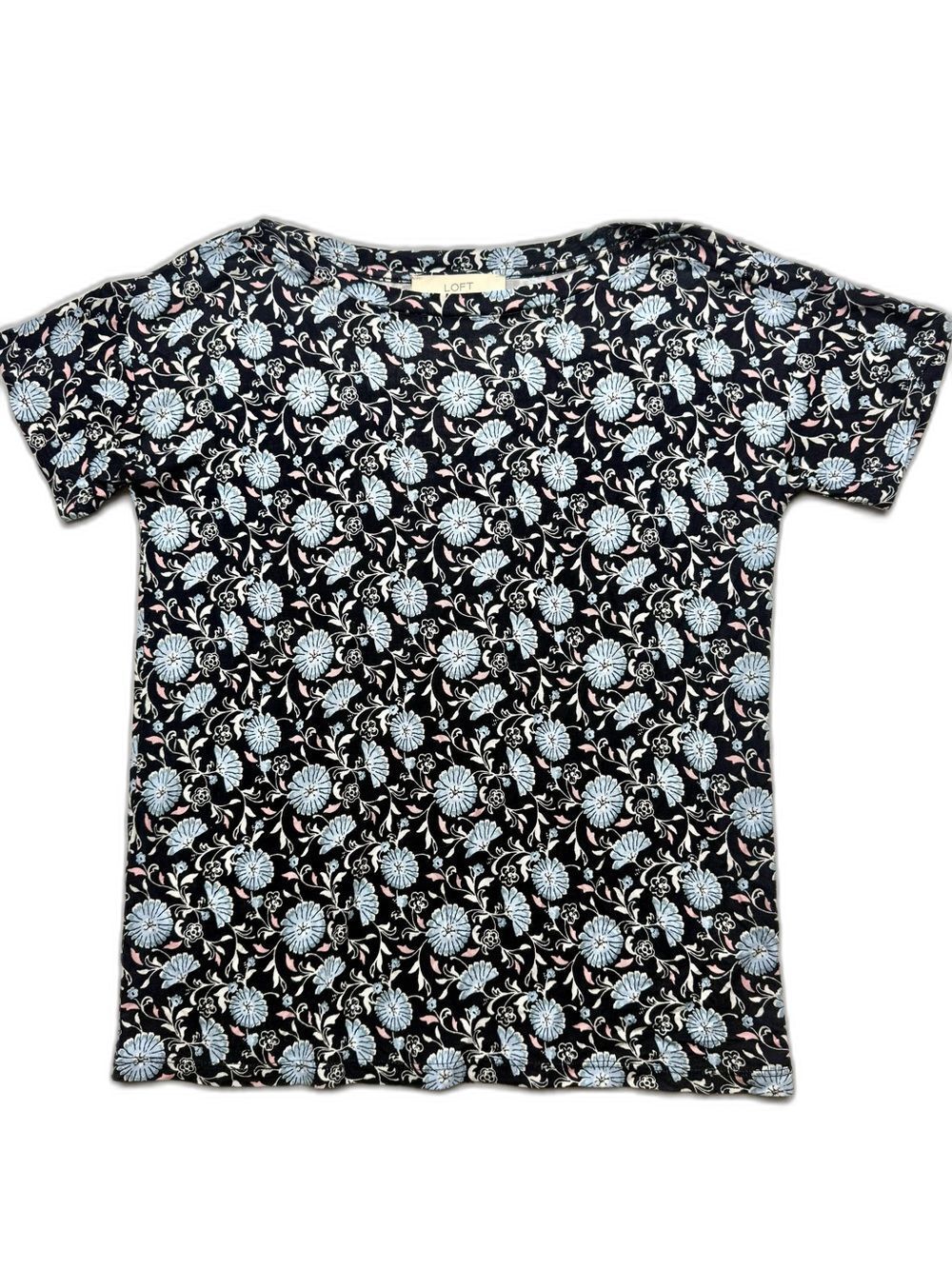 LOFT Black Floral Short Sleeve Tee with Light Blue Blooms